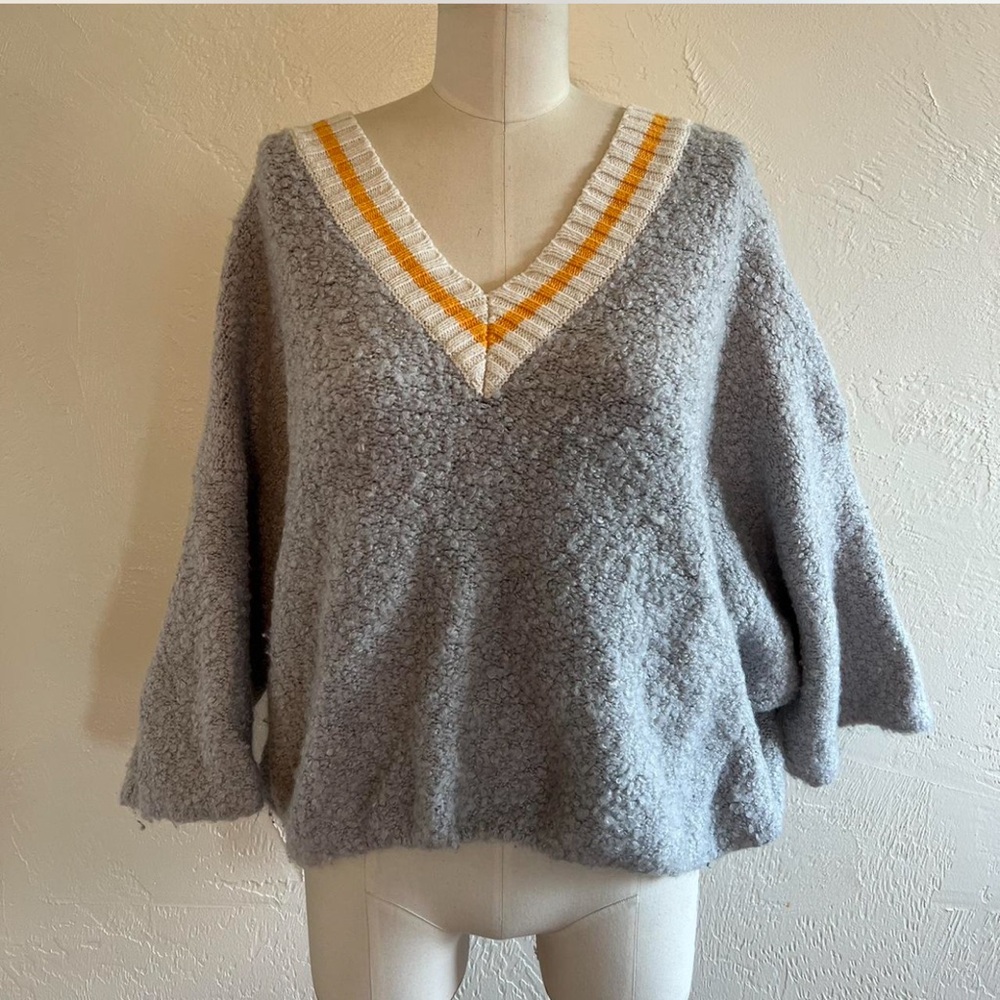 Urban Outfitters Gray V-Neck Sweater with Orange and White Trim